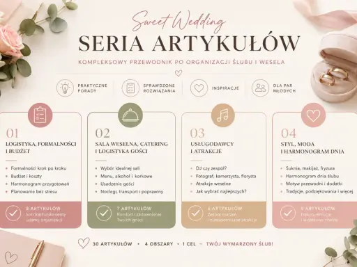 Przewodnik po organizacji ślubu i wesela: co się mówi na ślubie cywilnym, logistyka, sala, styl i atrakcje.