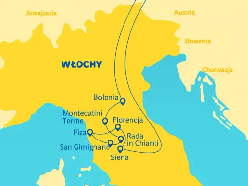 Mapa Włoch z zaznaczoną trasą przez Toskanię: Bolonia, Florencja, Siena, San Gimignano, Piza, Montecatini Terme.