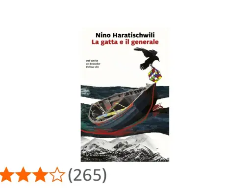 Copertina del libro "La gatta e il generale" di Nino Haratischwili. Una barca in mare, un corvo con un cubo di Rubik.
