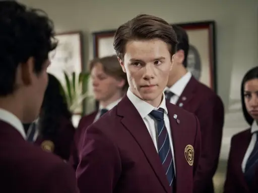 Ungdomar i skoluniformer, en av young royals skådespelare tittar intensivt.