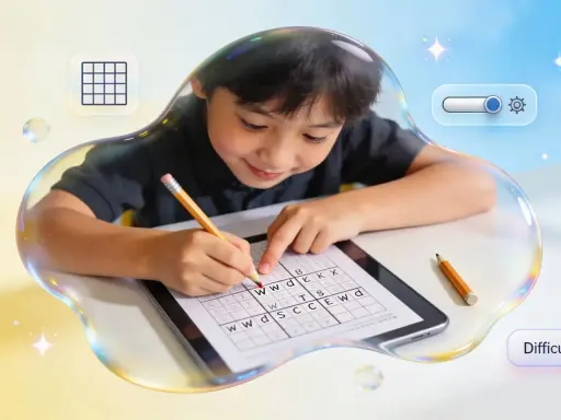 Bambino concentrato mentre cerca di crea crucipuzzle online su un tablet.