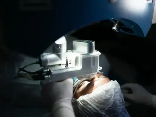 Chirurgiczna procedura z użyciem specjalistycznego sprzętu, który może być stosowany do zabiegów takich jak witrektomia. Pacjent w czepku i rękawiczkach.