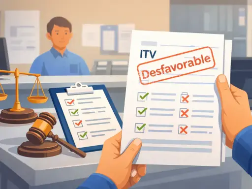 Man holds a document with a stamped "ITV Desfavorable". Scales of justice and a gavel suggest a legal or regulatory issue.