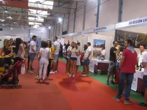 Gente en un evento de degustación de vinos, con stands de bodegas como "Coop Vinícola de Valdepeñas". El "túnel del vino Valdepeñas" se siente en el ambiente.