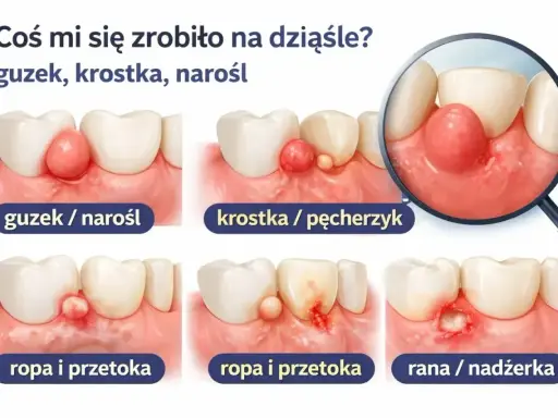 Ilustracja pokazuje różne zmiany na dziąśle: guzek, krostkę, ropę i ranę. Bąbel na dziąśle może mieć różne formy.