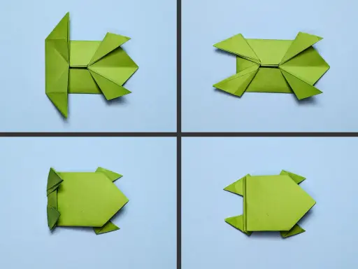 Schritt-für-Schritt-Anleitung für einen Frosch zum Falten. Ideal für Kindergartenkinder, um Origami zu lernen.