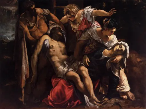 Des œuvres d'art du Tintoret : la descente de croix, avec le Christ mort soutenu par des femmes et des hommes.