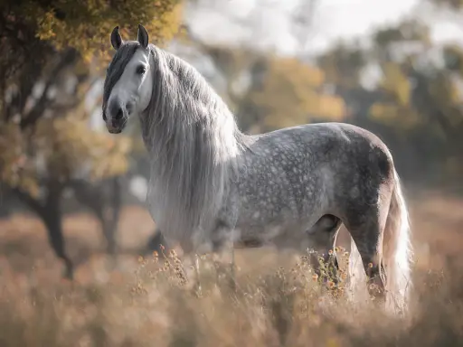 Ein majestätisches Pferd mit langer Mähne, ein Vertreter der spanischen pferderassen, steht in einer sonnigen Wiese.
