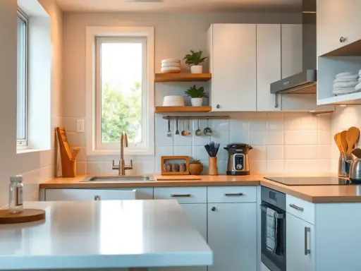 Aménagement petite cuisine 4m2 : évier, plaque cuisson, four, rangements blancs et étagères en bois. Lumineux et fonctionnel.