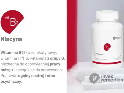 Niacyna co to? Witamina B3, niezbędna dla mózgu i układu nerwowego, poprawia nastrój. Suplement diety w kapsułkach.
