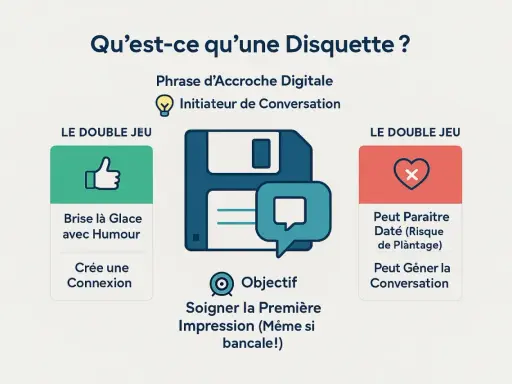 Une disquette, phrase d'accroche digitale pour briser la glace avec humour et créer une connexion. Attention, cela peut paraître daté, un vrai risque de plantage pour la conversation !
