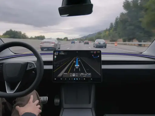 Interno di una Tesla con il sistema FSD attivo, mostra la guida autonoma in autostrada con visualizzazione delle auto circostanti.
