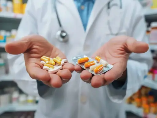 Farmaceuta trzyma w dłoniach tabletki i kapsułki w blistrze.