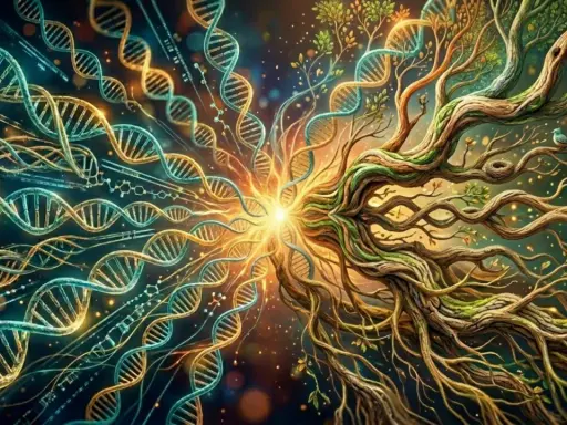 Doppia elica DNA si fonde con albero della vita, un'esplosione di luce simboleggia il cervello borderline, dove scienza e natura si intrecciano.