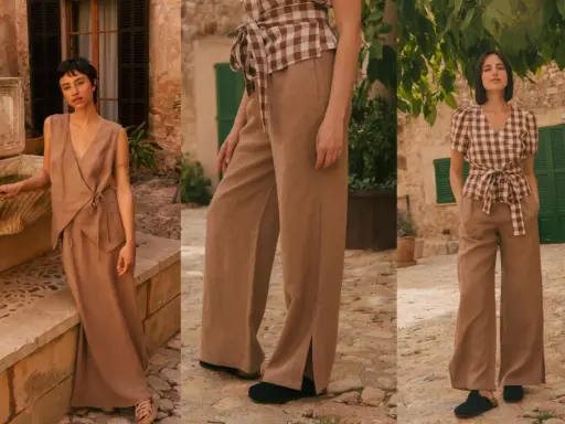 A woman models a chic beige linen pants outfit, showcasing a flowy wrap top and wide-leg trousers with stylish side slits.
