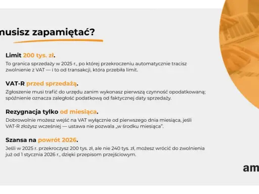 Pamiętaj o limicie 200 tys. zł sprzedaży w 2025 r. Przekroczenie go oznacza utratę zwolnienia z VAT. Zgłoś VAT-R przed pierwszą sprzedażą.