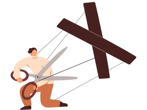 Persona con forbici taglia i fili di un burattino a forma di croce, simboleggiando come destabilizzare un manipolatore.
