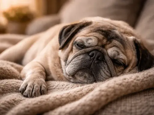Smutny mops, jak umiera pies chory na serce, odpoczywa na ciepłym kocu.