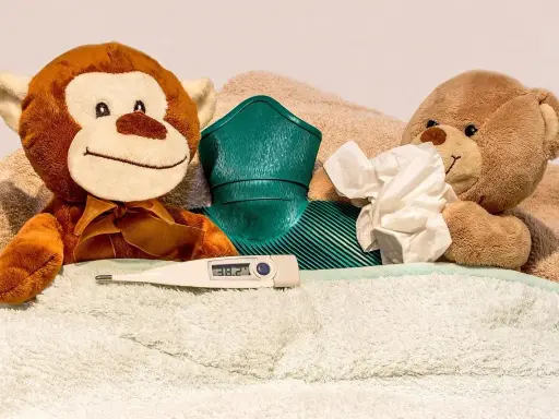 Pluszaki w łóżku z termometrem i chusteczkami. Pamiętaj o szczepieniu na błonicę, by uniknąć takich objawów.