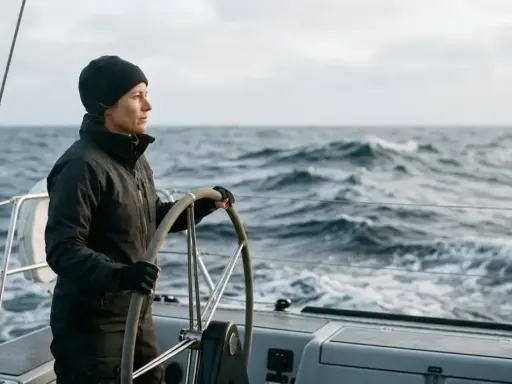 Une femme au gouvernail, concentrée sur la mer agitée. Elle sait comment prendre les vagues en bateau, naviguant avec assurance.