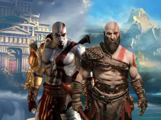 Kratos, bóg wojny, w dwóch odsłonach. Na tle starożytnej budowli i górskiej scenerii.