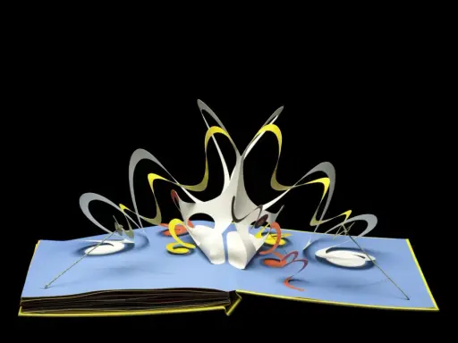 Libri pop-up più belli: un'esplosione di forme astratte bianche, gialle e arancioni su pagine blu.