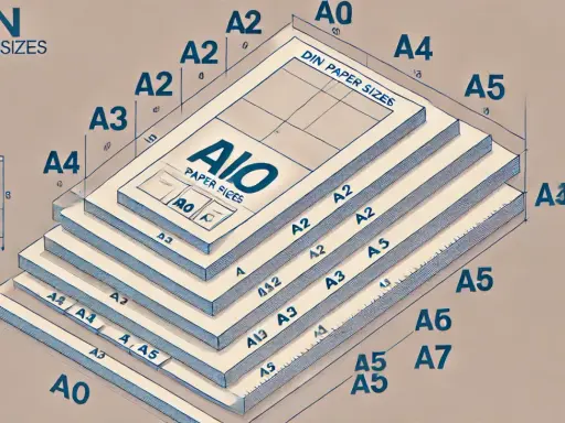 Diagrama de tamaños de papel DIN, apilados en orden descendente. Se muestra una hoja A0 en la parte inferior, con tamaños A1, A2, A3, A4 y A5 apilados encima. Cada hoja tiene su tamaño etiquetado. La medida cuartilla se relaciona con el tamaño A4.