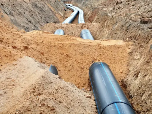 Excavación de una zanja para instalar tubería de gran diámetro.