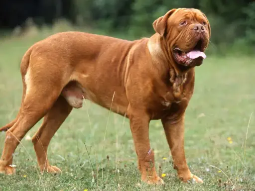 Potężny dog z Bordeaux, o rudym umaszczeniu, stoi na trawie, dysząc z otwartym pyskiem.