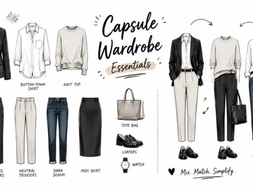 A capsule wardrobe features a blazer, button-down shirt (a type of blouse), knit top, trousers, denim, skirt, tote, loafers, and watch.