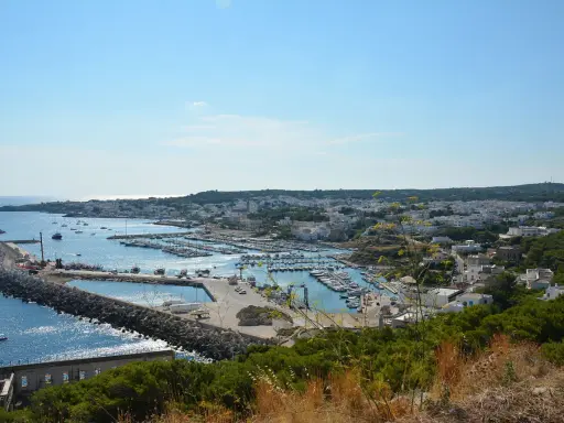 Vista panoramica del porto turistico di Santa Maria di Leuca, in provincia di Lecce, con numerose barche ormeggiate e la città bianca sullo sfondo.