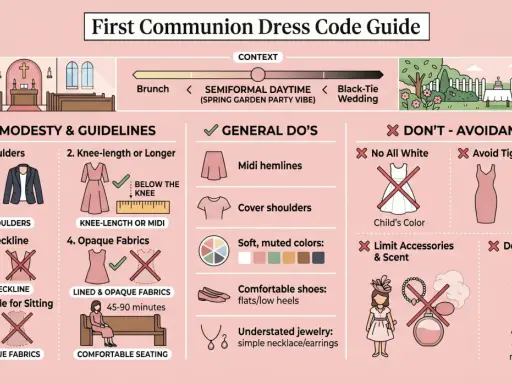 Dress code guide for a female guest at a first communion: cover shoulders, knee-length or longer, modest neckline, opaque fabrics, midi hemlines, muted colors, comfortable shoes, simple jewelry.
