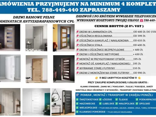 Katalog drzwi i ościeżnic, w tym maskownica futryny metalowej. Oferta obejmuje montaż i transport.