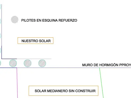 Plano de detalle muro pantalla con pilotes en esquina y muro de hormigón proyectado.