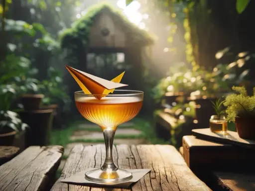 Złocisty drink w kieliszku, ozdobiony papierowym samolocikiem, na tle bujnej, zielonej scenerii.