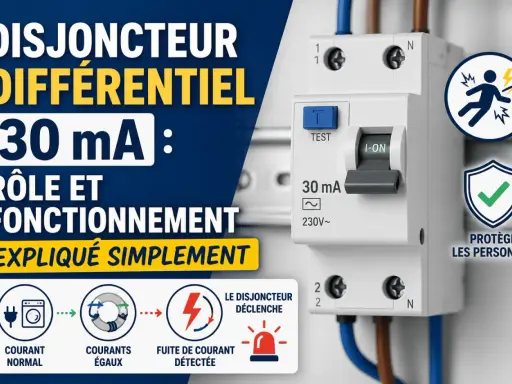 Disjoncteur différentiel 30 mA protégeant des fuites de courant. Il détecte le courant résiduel pour la sécurité des personnes.