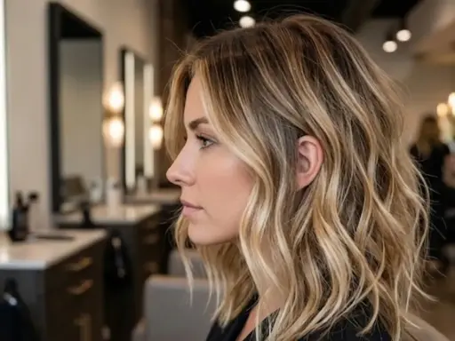 Mujer con cabello rubio ondulado y un hermoso **esfumado de raíz** que le da un look natural y moderno.