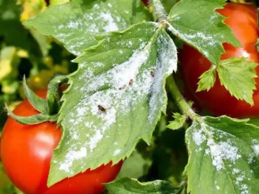 Feuilles de tomate couvertes de poudre blanche, avec quelques pucerons blancs tomate visibles.