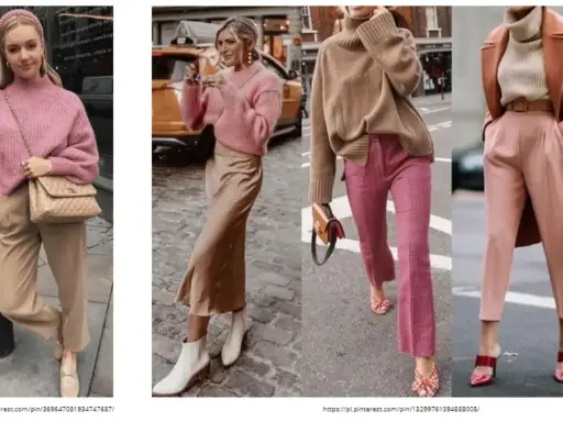 Stylizacje w odcieniach beżowy a kremowy. Kobiety prezentują modne swetry, spódnice i spodnie w pastelowych barwach.