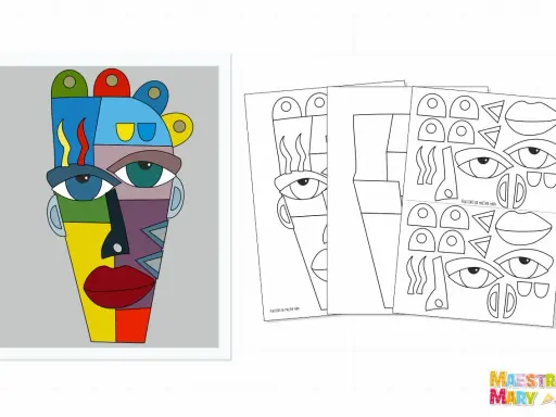 Maschere di carnevale d'autore da colorare: un volto astratto colorato e fogli con elementi da ritagliare per creare le tue maschere uniche.
