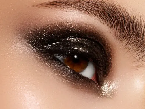 Ojo con un espectacular maquillaje ahumado marrón con brillos intensos y pestañas largas.