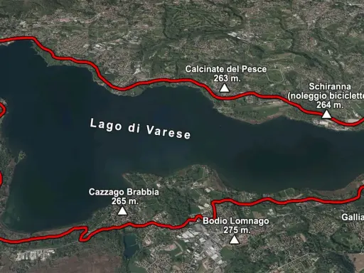 Percorso ciclabile attorno al **lago di Varese**, con indicazioni per Bardello, Gavirate, Biandronno, Calcinate del Pesce, Schiranna, Cazzago Brabbia, Bodio Lomnago e Galliate Lombardo.