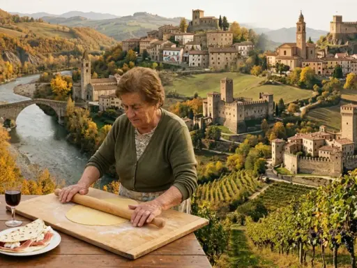 Nonna prepara la pasta con vista sui 5 borghi più belli dell'Emilia Romagna, tra castelli e vigneti autunnali.