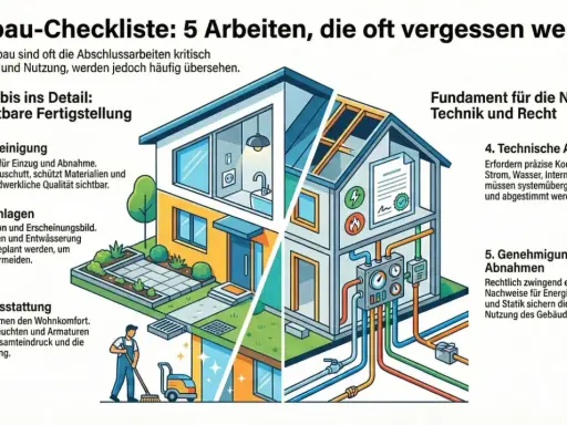 Checkliste für den Hausbau: 5 oft vergessene Arbeiten. Illustration zeigt Haus mit Details wie Reinigung, Außenanlagen, Innenausstattung, Technik und Genehmigungen.