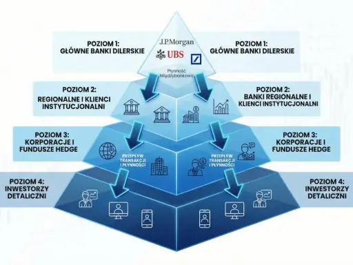 Schemat piramidy finansowej, pokazujący przepływy na otc giełdzie od głównych banków do inwestorów detalicznych.