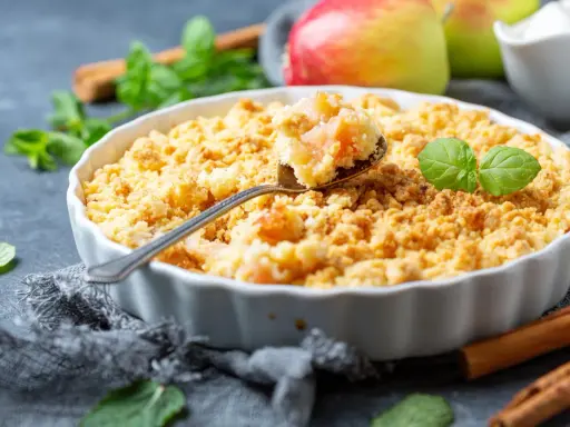 Une cuillère prélève une bouchée dorée de ce meilleur crumble aux pommes, garni de feuilles de menthe fraîche.