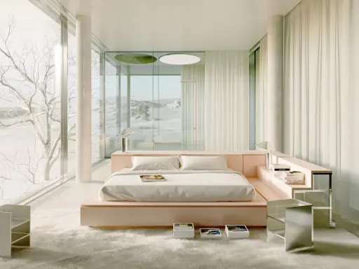 Ein minimalistisches Schlafzimmer mit einem rosafarbenen Bett, inspiriert von Andres Reisinger, und einem atemberaubenden Blick auf eine verschneite Landschaft.