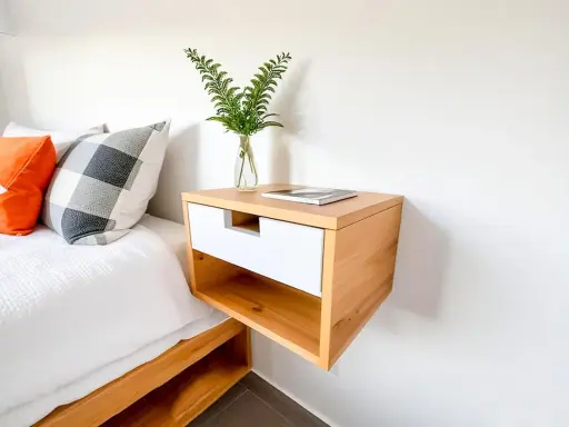 Mesita de noche flotante de madera clara y blanca, ideal para quienes buscan ideas de como hacer una mesita de noche moderna y funcional.