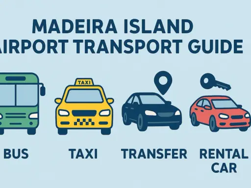 Transportoptionen am Flughafen Madeira: Bus, Taxi, Transfer und Mietwagen.