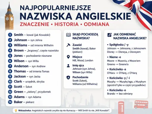 Najpopularniejsze oryginalne angielskie nazwiska: Smith (kowal), Johnson (syn Johna), Williams, Brown, Jones, Wilson, Anderson, Thomas, Jackson, Clark, Scott, Green, Adams, Baker.